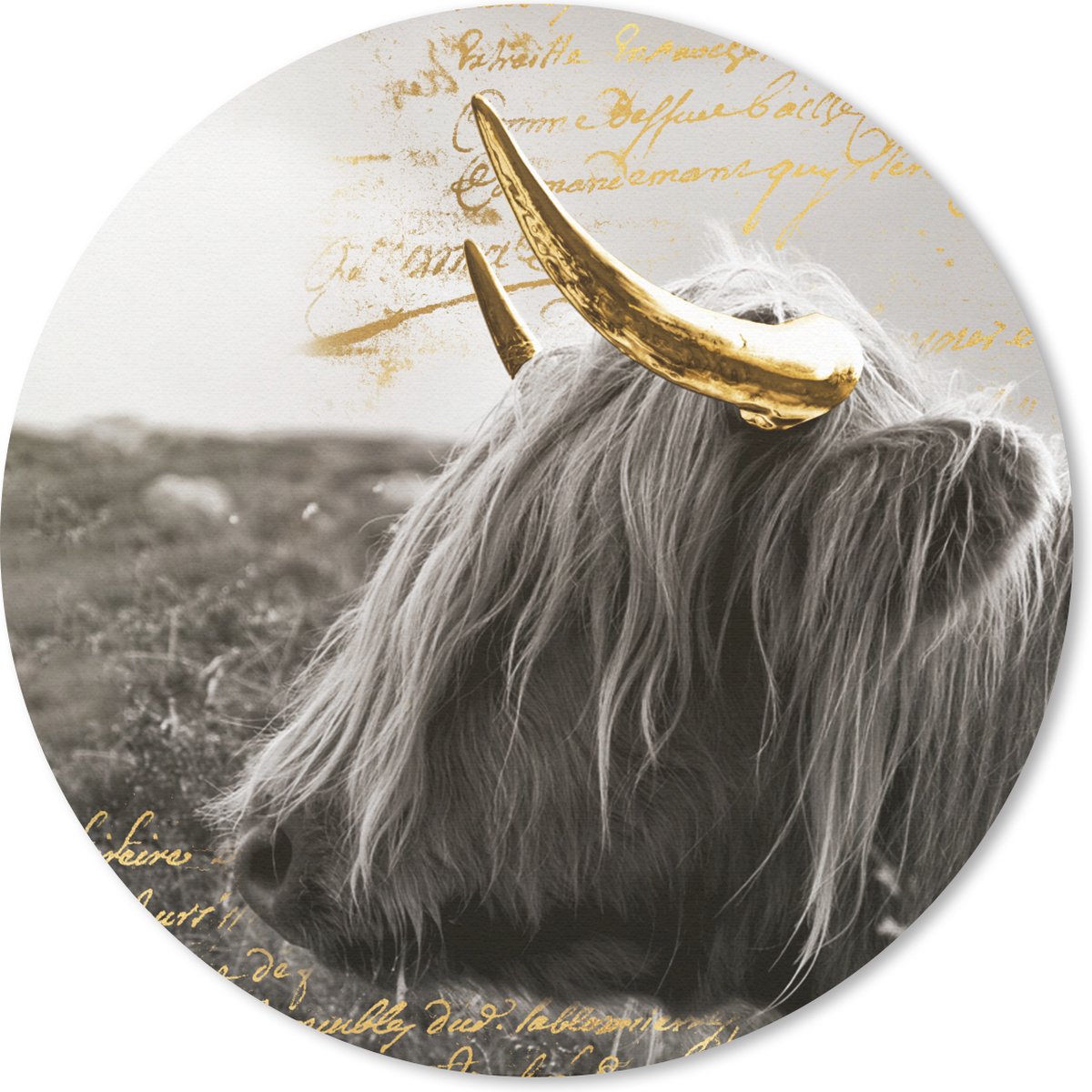 Muismat rond 50x50 cm - Mousepad Schotse hooglander - Goud - Quote - Ronde muismatten
