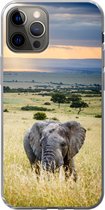 Geschikt voor iPhone 12 Pro hoesje - Olifant - Dieren - Landschap - Zon - Natuur - Siliconen Telefoonhoesje