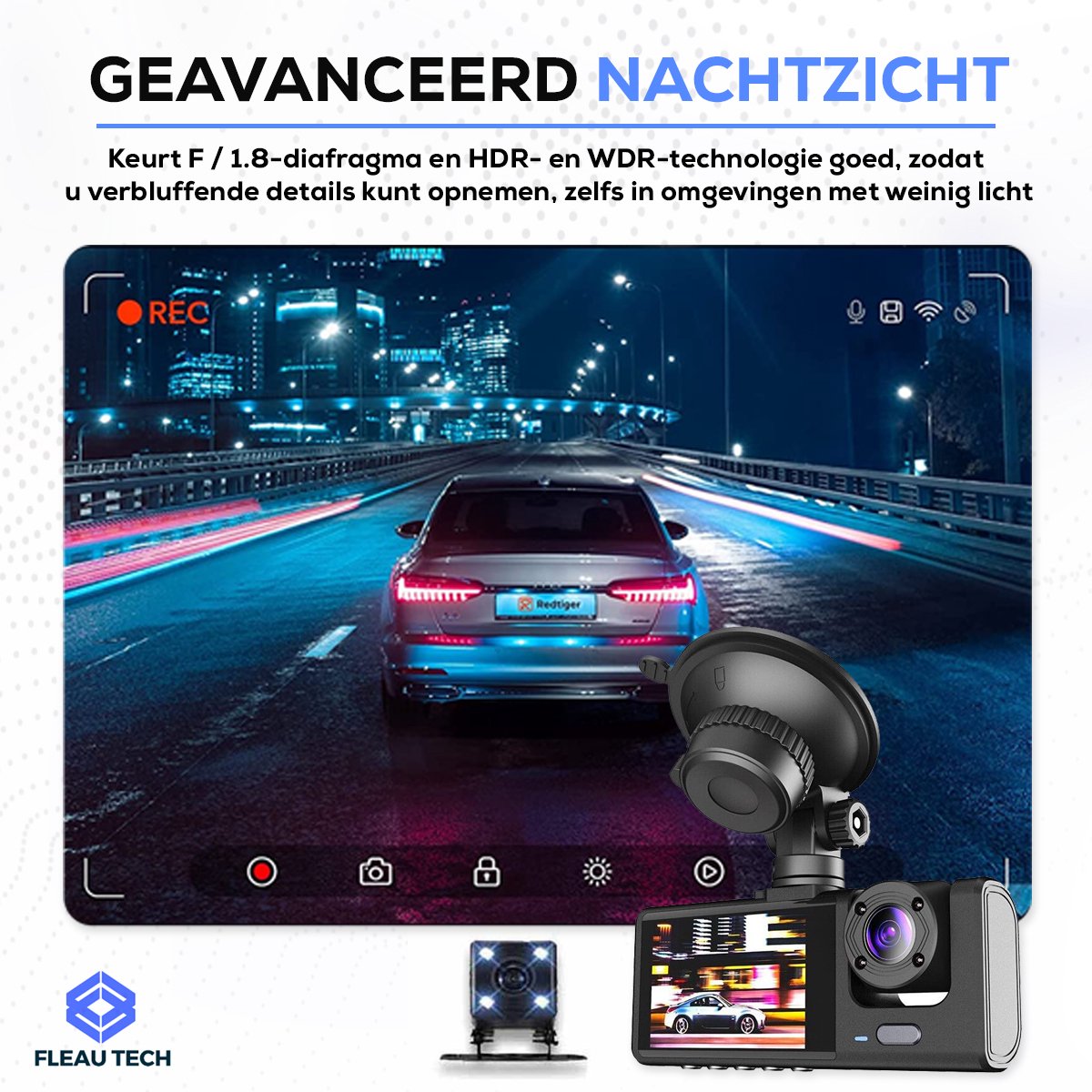 Fleau Tech Dashcam Voor Auto 3 in 1 - Voor en Achter Camera - Bewegingsdetectie en Parkeerstand - G-Sensor - Full HD - 170° Groothoeklens - Loop Recording - Micro SD-kaart 32 GB