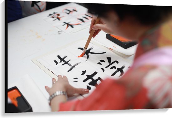 Canvas - Tekening van Chinese Tekens op Wit Papier - 120x80 cm Foto op Canvas Schilderij (Wanddecoratie op Canvas)