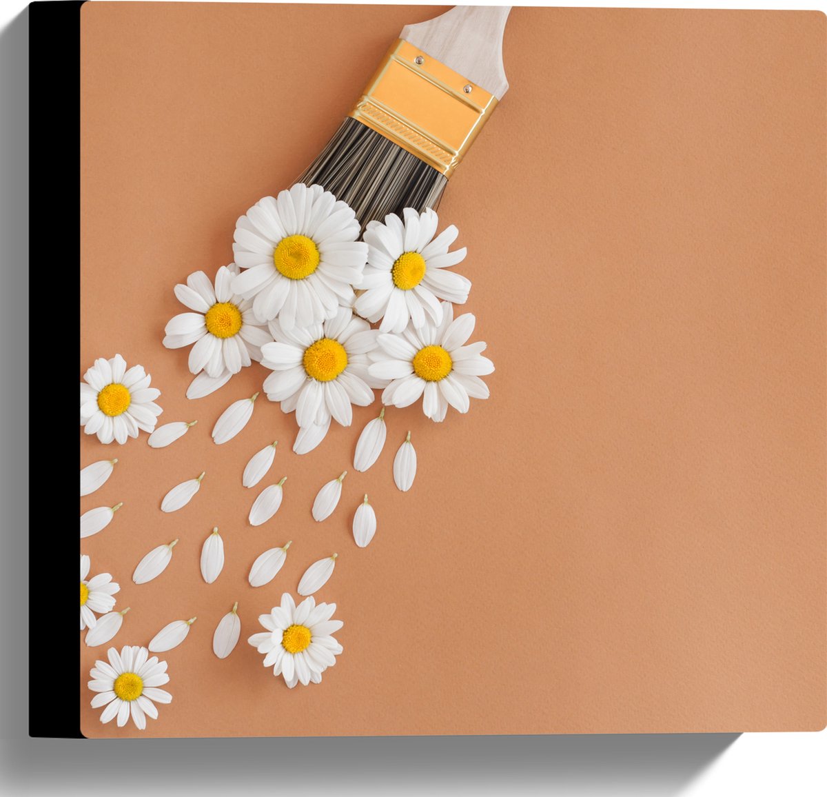 Canvas - Kwast Verfend met Madelief Bloemetjes - 30x30 cm Foto op Canvas Schilderij (Wanddecoratie op Canvas)
