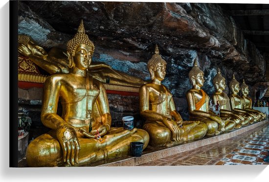 Canvas - Rijen Gouden Boeddha's in Wat Tham Khuha Sawan Tempel in Thailand - 60x40 cm Foto op Canvas Schilderij (Wanddecoratie op Canvas)