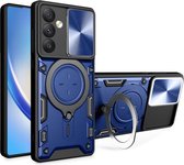 Hoesje met Camera Slider Geschikt voor de Samsung Galaxy A54 - Back Cover met Standaard - Ronde Uitklapbare Kickstand Ring - Beschermhoes TPU - Magneet voor Auto Houder Blauw