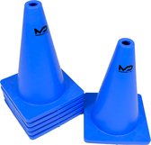 Blauwe MDsport pionnen, één stapel van vijf en één losse pion, met zwart logo.