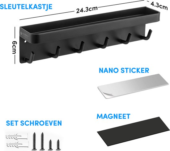 Happy Goods Sleutelrekje Zwart - Zelfklevend - Sleutelhouder - RVS - Sleutelkastje - Modern - Sleutelbord
