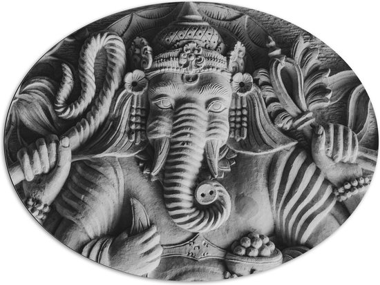 Dibond Ovaal - Stenen Ganesha Beeld met Details van Bloemen - 108x81 cm Foto op Ovaal (Met Ophangsysteem)