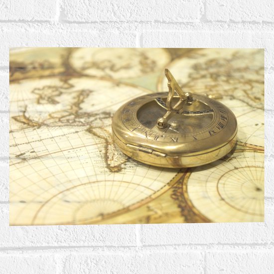 Muursticker - Gouden Kompas op Wereldkaart - 40x30 cm Foto op Muursticker