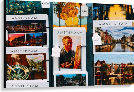 Canvas - Amsterdamse Ansichtkaarten in het Rek - 120x80 cm Foto op Canvas Schilderij (Wanddecoratie op Canvas)