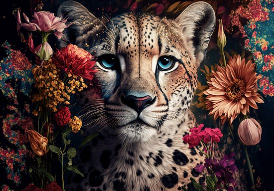 Vliesbehang - Fotobehang - Panter - Luipaard - Bloemen - Roofdier - 104x152cm