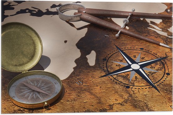 Vlag - Kompas op Wereldkaart - 60x40 cm Foto op Polyester Vlag