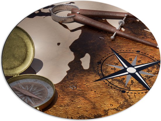 Dibond Ovaal - Kompas op Wereldkaart - 68x51 cm Foto op Ovaal (Met Ophangsysteem)