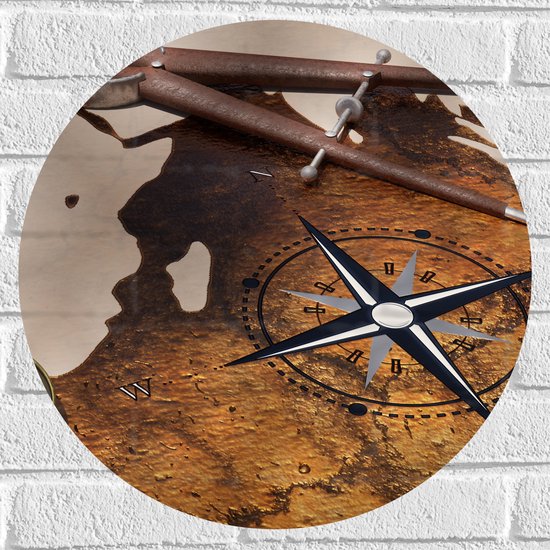 Muursticker Cirkel - Kompas op Wereldkaart - 50x50 cm Foto op Muursticker