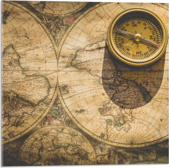 Acrylglas - Kompas met Wereldkaarten - 50x50 cm Foto op Acrylglas (Wanddecoratie op Acrylaat)
