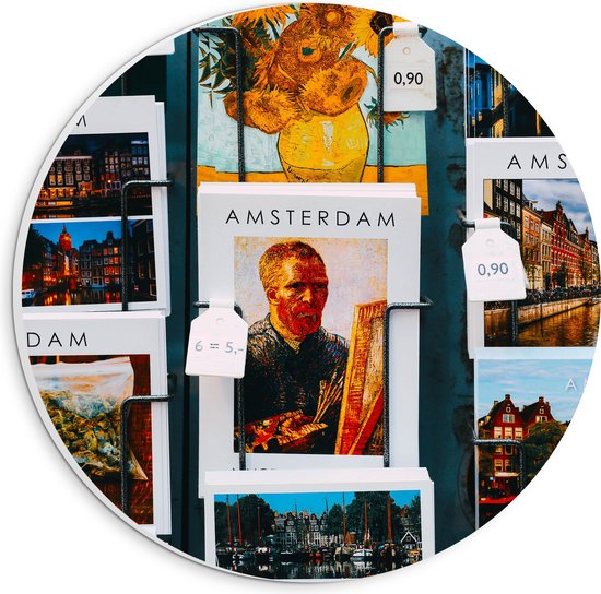PVC Schuimplaat Muurcirkel - Amsterdamse Ansichtkaarten in het Rek - 20x20 cm Foto op Muurcirkel (met ophangsysteem)