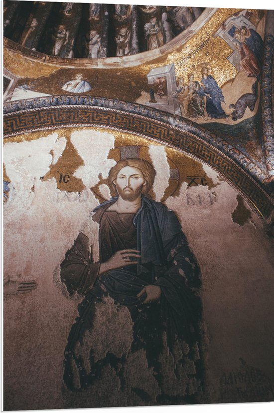PVC Schuimplaat - Religieuze Muurschilderingen in een Kerk - 70x105 cm Foto op PVC Schuimplaat (Met Ophangsysteem)