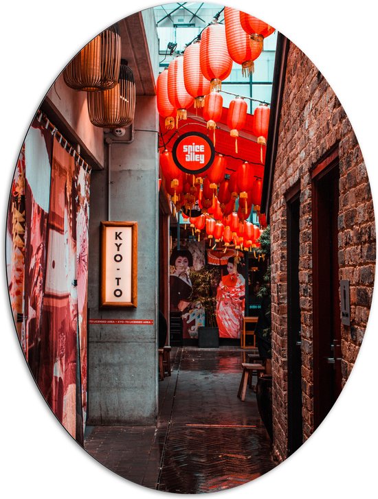 Dibond Ovaal - Smalle Straat Versierd met Rode Lampionnen in Tokyo - 81x108 cm Foto op Ovaal (Met Ophangsysteem)