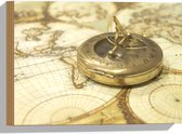 Hout - Gouden Kompas op Wereldkaart - 40x30 cm - 9 mm dik - Foto op Hout (Met Ophangsysteem)