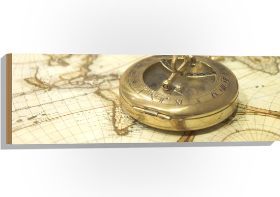 Hout - Gouden Kompas op Wereldkaart - 90x30 cm - 9 mm dik - Foto op Hout (Met Ophangsysteem)