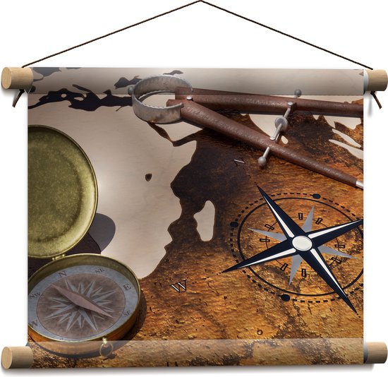 Textielposter - Kompas op Wereldkaart - 40x30 cm Foto op Textiel