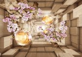 Fotobehang - Vlies Behang - 3D Houten Tunnel met Bloemen en Kristallen Bollen - 254 x 184 cm