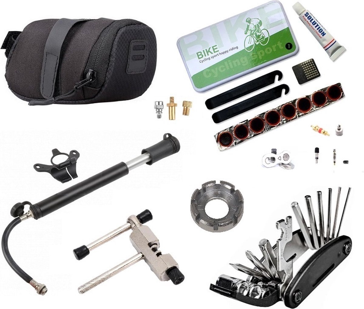 XL reparatie set - zadeltas gevuld met ruim assortiment banden reparatie en pech onderweg artikelen.