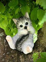 Kat spelend met staart grijs 16 cm hoog - kat - kitten - polyester - polyresin - polystone - hoogkwalitatieve kunststof - decoratiefiguur - interieur - accessoire - voor binnen en buiten - cadeau - geschenk - tuinfiguur - tuinbeeldje - tuindecoratie