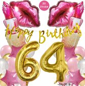 Snoes Mega Beauty Helium Ballonnen Set 64 Jaar - Roze Helium Folieballonnen - Slinger Happy Birthday Goud