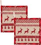 HAES DECO - Set van 2 Pannenlappen - formaat 20x20 cm - kleuren Rood / Beige - van 100% Katoen - Collectie: Nordic Christmas - Kerst Pannenlap