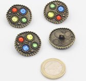 5 Stuks Gouden Metalen Knoop met 4 Gekleurde Strass-steentjes, 25mm