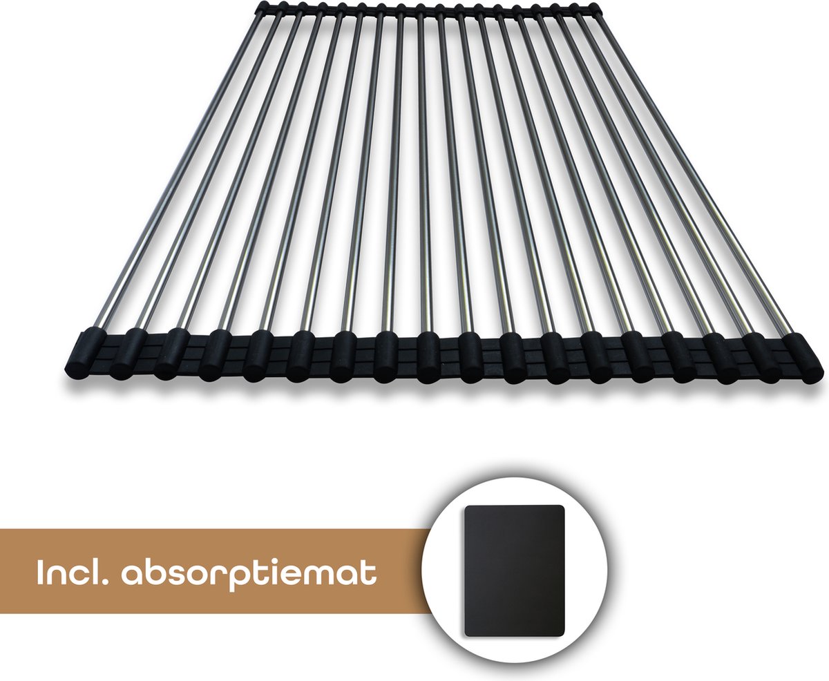 Goedkoopste Baulk® - Afwas droogrek – Oprolbaar - Afdruiprek - Afwasrek – Met gratis afdruipmat – Droogmat – Hoog absorberend – RVS – Modern – Oprolbaar – 45cm x 31cm