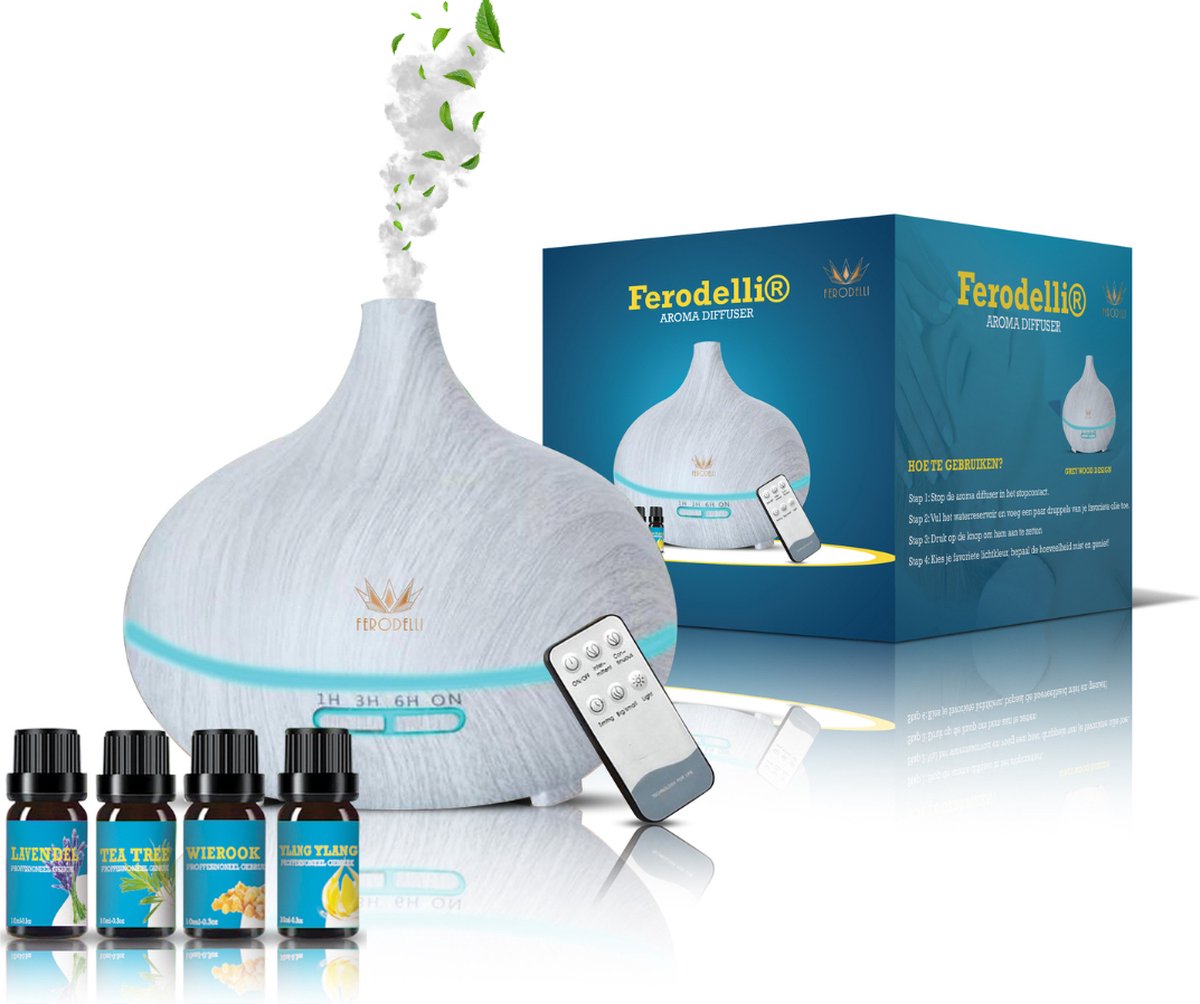 Ferodelli Aroma Diffuser - Vernevelaar - Luchtbevochtiger - Geurverspreider - Verstuiver - Met 4x Etherische Olie - Greywood Hout