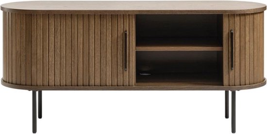 Olivine Lenn TV Meubel Gerookt Eiken - Hout - met Schuifdeuren - TV kast - Verstelbare Planken - Ovaal - Japandi - Donkerbruin - 120 x 40 x 56 cm