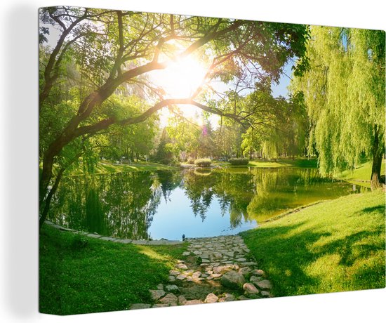 Canvas - Canvas schilderijen - Zon - Gras - Natuur - Park - Boom - Muurdecoratie - Foto op canvas - 180x120 cm - Woonkamer