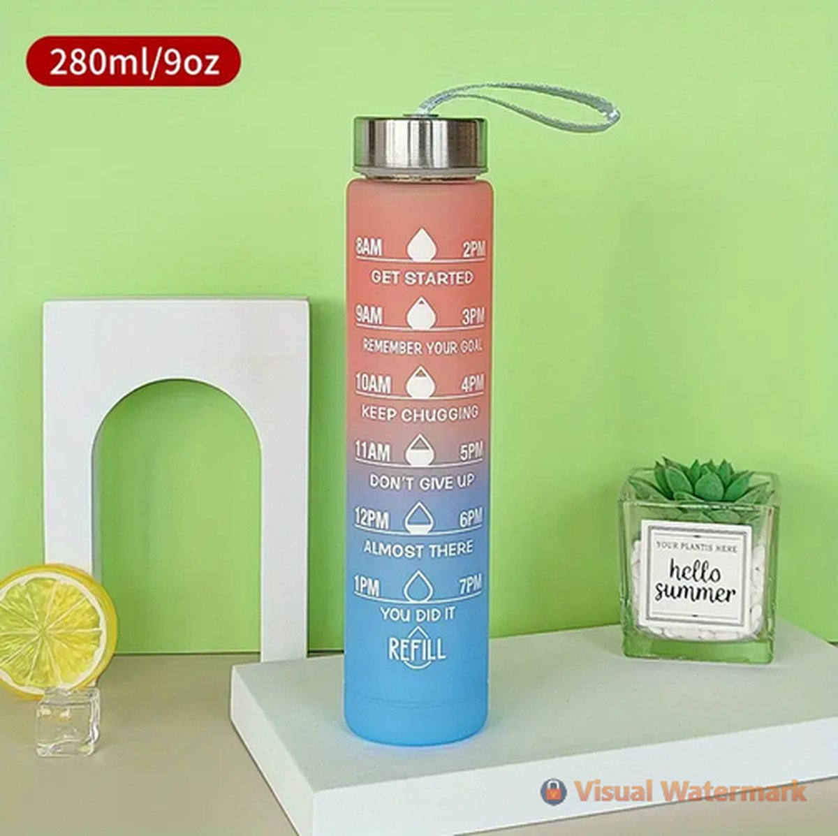 BORZMARKT - 1 st gradiëntkleur plastic waterfles met tijdmarkering, 280ml,lekvrije BPA-vrije fles voor sport, fitness, sportschool reizen