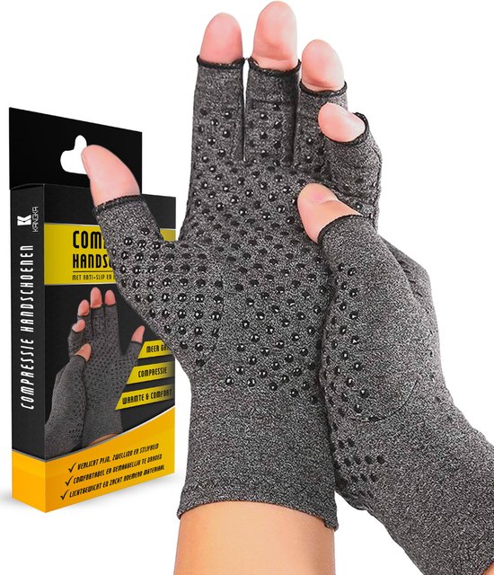 KANGKA® Reuma Compressie Handschoenen met Antislip en Open Vingertoppen Maat M - Grijs