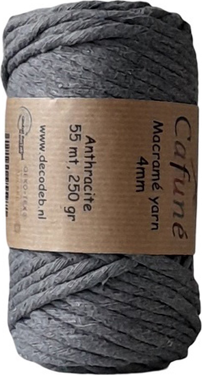 Cafuné Macrame Garen-Antraciet-4mm–55 meter-Uitkambaar-Gerecycled katoen-Koord-Touw-Dromenvanger-Wandtapijt