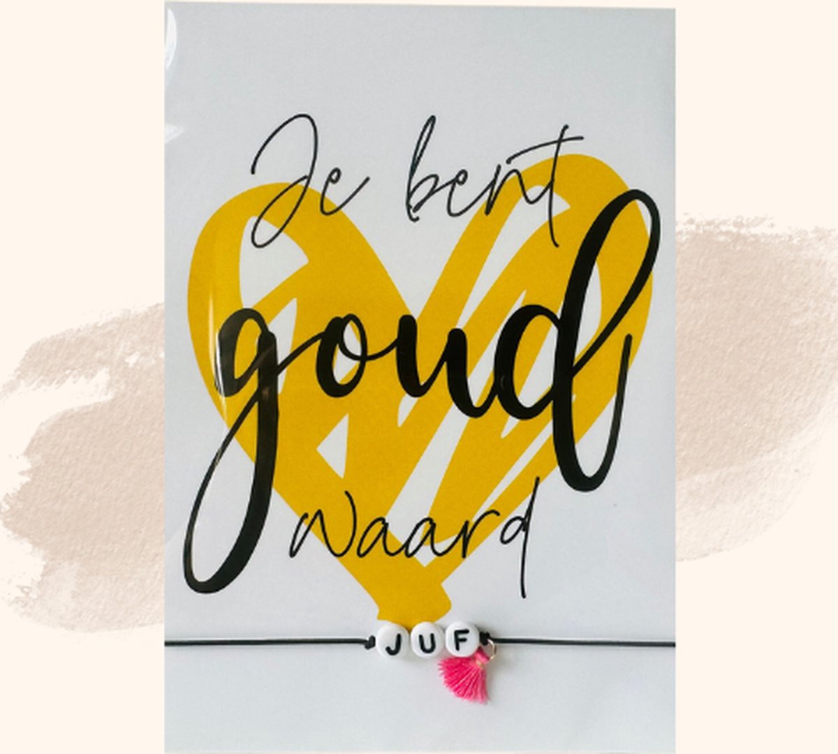 Cadeautje voor de Juf - Ansichtkaart Je bent goud waard - Armbandje Juf - kleinigheidje