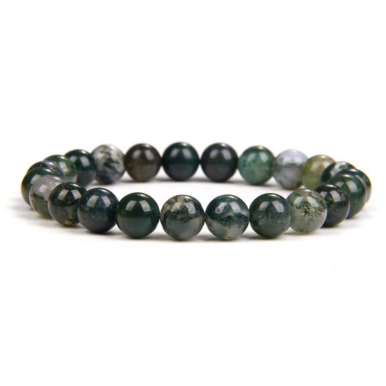 Armband met mosagaat kralen in donkergroen en wit.