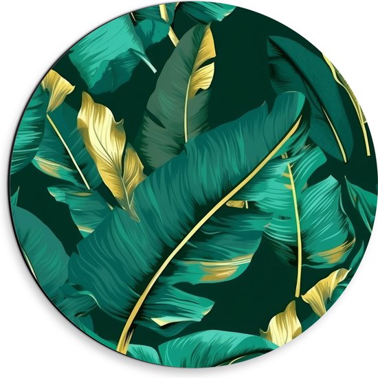 Dibond Muurcirkel - Groene Palmbladeren met Gouden Details - 30x30 cm Foto op Aluminium Muurcirkel (met ophangsysteem)