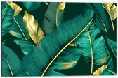 Dibond - Groene Palmbladeren met Gouden Details - 60x40 cm Foto op Aluminium (Wanddecoratie van metaal)