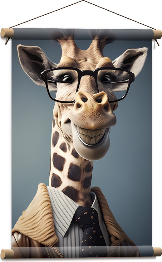 Textielposter - Lachende Giraffe met Bril in Nette Blouse - 40x60 cm Foto op Textiel