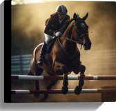 Canvas - Racepaard met Ruiter in Actie - 30x30 cm Foto op Canvas Schilderij (Wanddecoratie op Canvas)