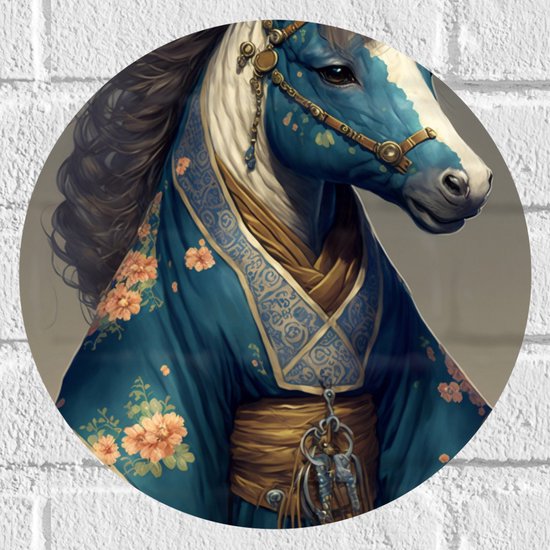 Muursticker Cirkel - Portretfoto van Paard in Blauwe Badjas - 30x30 cm Foto op Muursticker