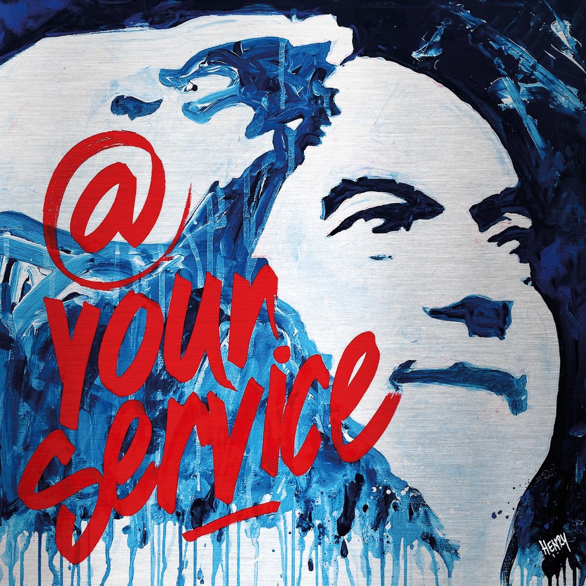 PIM FORTUYN - unieke sign " AT YOUR SERVICE " op geborsteld aluminium 70 x 70 cm
