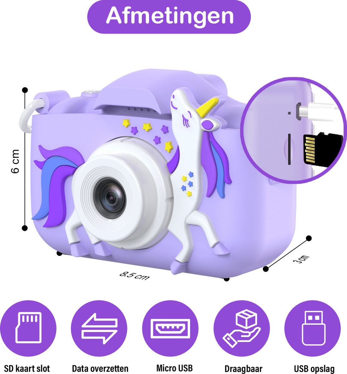 Ilona® Digitale Kindercamera HD 1080p inclusief stickervel - Speelgoedcamera - 32GB micro sd kaart - Fototoestel Voor Kinderen - Selfie Camera - Unicorn Paars — afbeelding 7