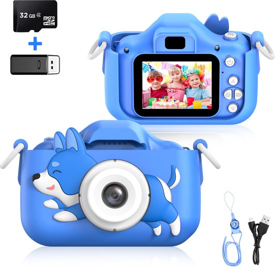Ilona® Digitale Kindercamera HD 1080p - Speelgoedcamera - 32GB micro sd kaart - Fototoestel Voor Kinderen - Hond Blauw