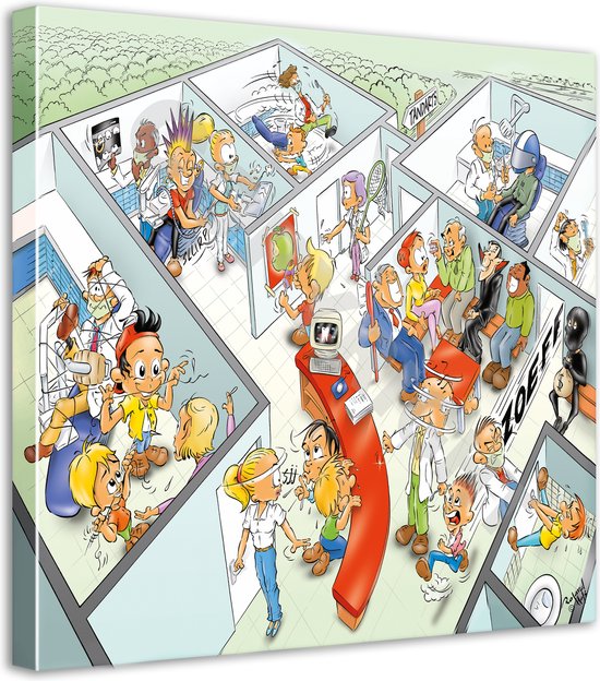 Tandarts Cartoon op canvas - Roland Hols - Praktijkkamers - 60 x 60 cm - Houten frame 4 cm dik - Orthodontist - Mondhygiënist