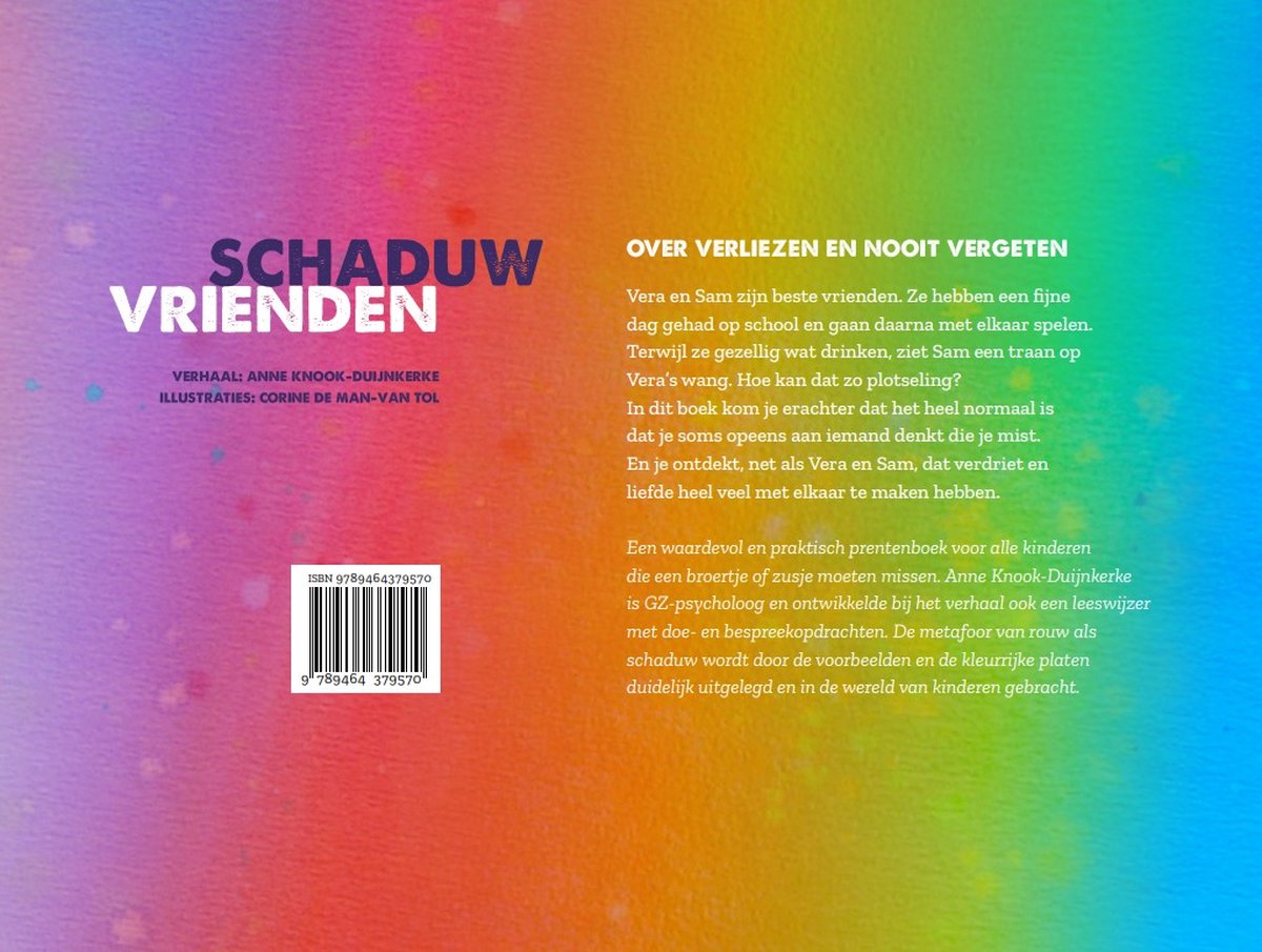 Boek "SCHADUW VRIENDEN" met tekst over verlies en een meisje dat een hartje maakt met haar schaduw.