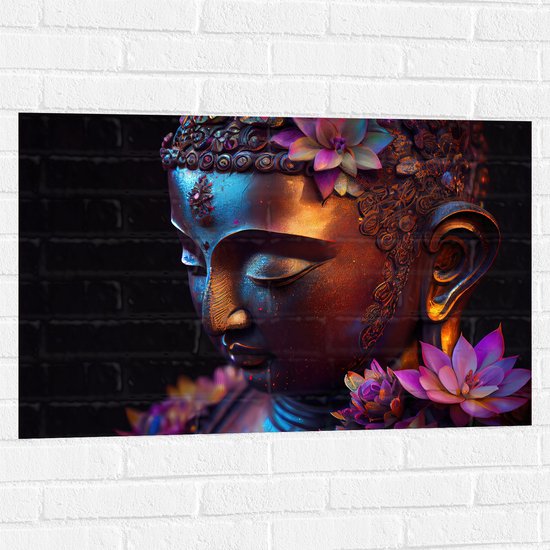 Muursticker - Religieuze Boeddha met Roze Lelie Bloemen - 90x60 cm Foto op Muursticker