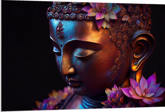 PVC Schuimplaat - Religieuze Boeddha met Roze Lelie Bloemen - 120x80 cm Foto op PVC Schuimplaat (Met Ophangsysteem)